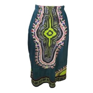 Earthbound Trading Co Bohemian Dashiki Print Maxi Skirt w pockets Teal Green M